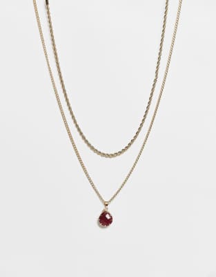Reclaimed Vintage Unisex 2 Row Necklace With Faux Red Pendant In Gold