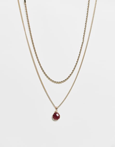 Reclaimed Vintage unisex 2 row necklace with faux red pendant in gold - view 1