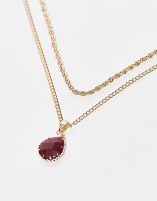 Reclaimed Vintage Unisex 2 Row Necklace With Faux Red Pendant In Gold