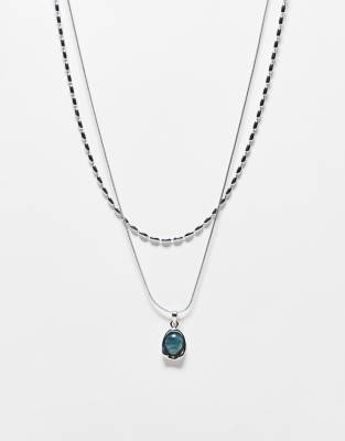 Reclaimed Vintage Reclaimed Vintage unisex 2 row necklace with faux stone pendant in grey-Silver