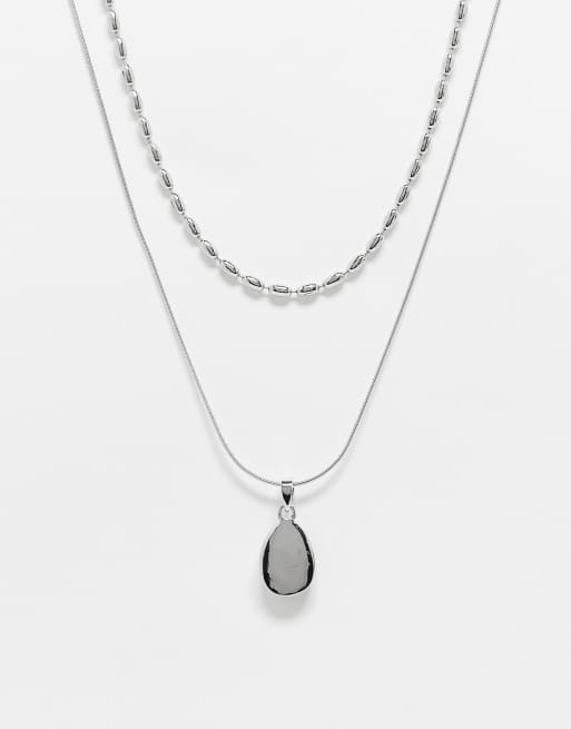 Reclaimed Vintage unisex 2 row necklace with faux stone pendant in grey