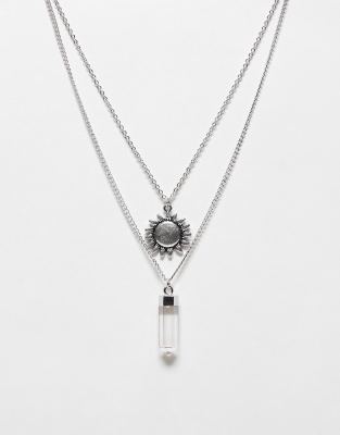 Reclaimed Vintage unisex 2 row necklace with gem and sun pendant in silver