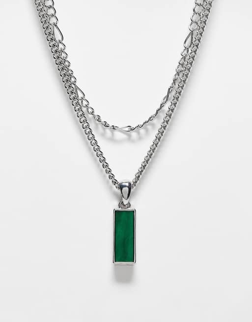 Reclaimed Vintage Unisex 2 row necklace with green stone pendant in silver tone