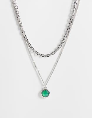 Reclaimed Vintage Unisex 2 Row Necklace With Green Stone Pendant In Silver