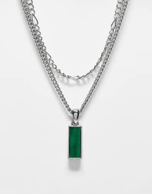 Reclaimed Vintage Unisex 2 Row Necklace With Green Stone Pendant