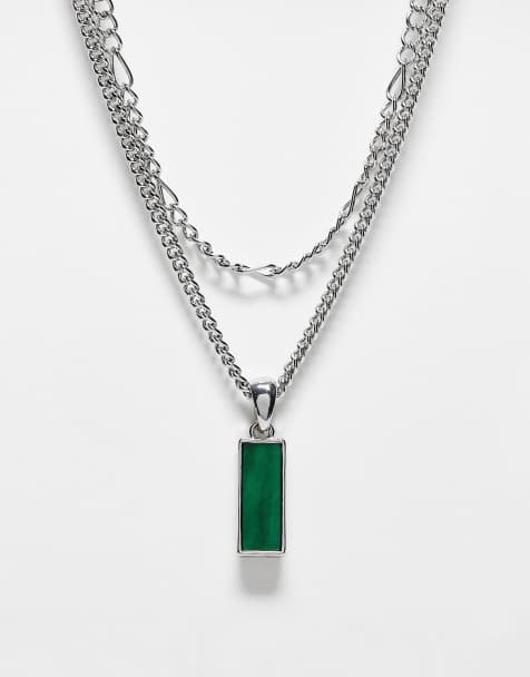 Reclaimed Vintage unisex 2 row necklace with green stone pendant in silver - view 1