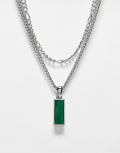 [Reclaimed Vintage] Reclaimed Vintage unisex 2 row necklace with green stone pendant in silver One Size silver