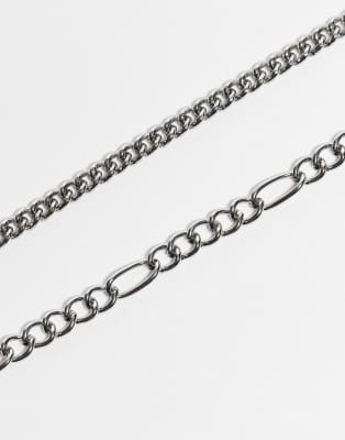 Reclaimed Vintage unisex 2 row necklace with green stone pendant in silver