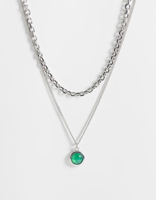 Reclaimed Vintage unisex 2 row necklace with green stone pendant in silver