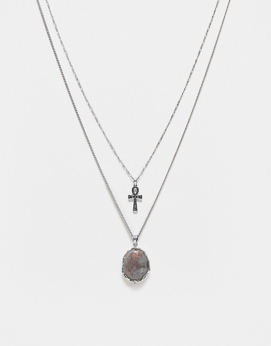 Reclaimed Vintage Unisex 2 Row Necklace With Oversized Gem In Silver In Metallic