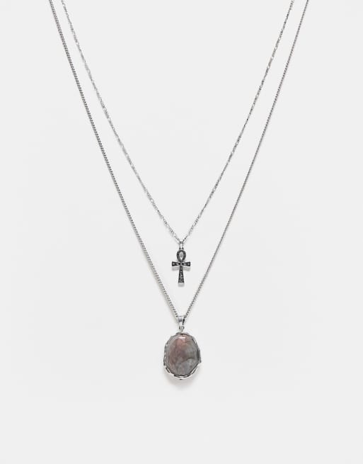 Reclaimed Vintage unisex 2 row necklace with oversized gem in silver