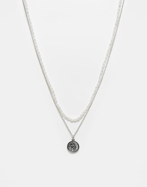 Reclaimed Vintage unisex 2 row necklace with pearl choker in silver