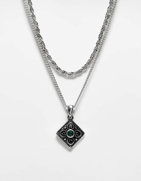 Reclaimed Vintage unisex 2 row necklace with pendant in green - view 1
