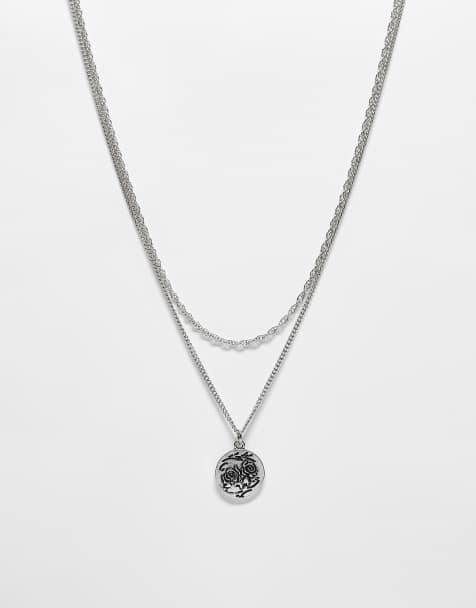 Reclaimed Vintage unisex 2 row necklace with pendant in silver - view 1