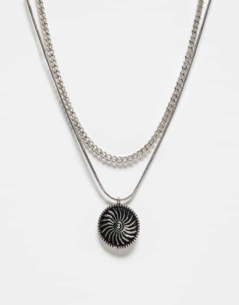 Reclaimed Vintage unisex 2 row necklace with pendant in silver - view 1