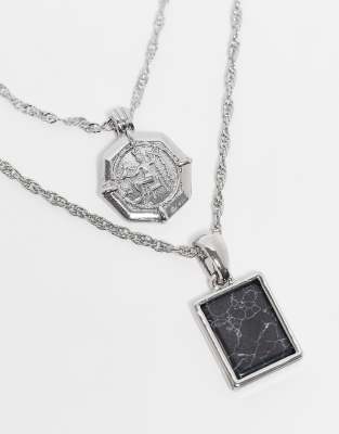 Reclaimed Vintage Unisex 2 Row Necklace With Pendant In Silver
