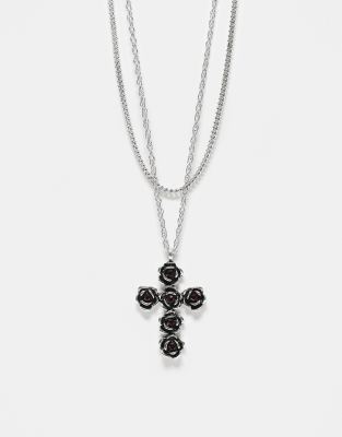 Reclaimed Vintage Reclaimed Vintage unisex 2 row necklace with rose cross in silver