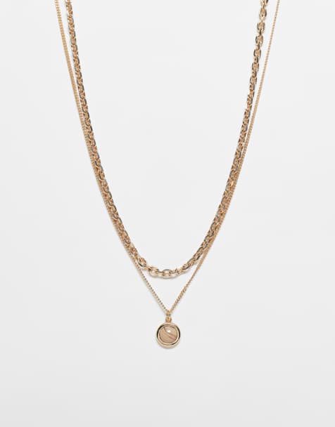 Reclaimed Vintage unisex 2 row necklace with stone in gold - view 1