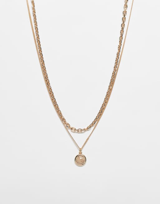 Reclaimed Vintage unisex 2 row necklace with stone in gold