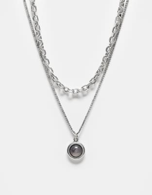 Reclaimed Vintage Unisex 2 Row Necklace With Stone In Silver