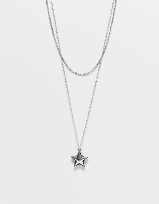 Reclaimed Vintage Unisex 2 row star pendant necklace in silver tone