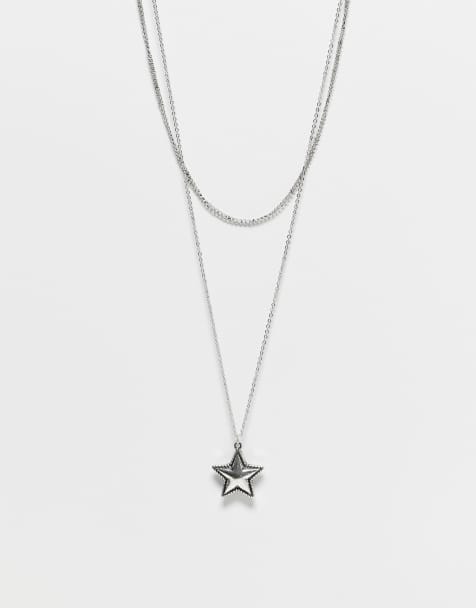 Reclaimed Vintage unisex 2 row star pendant necklace in silver - view 1