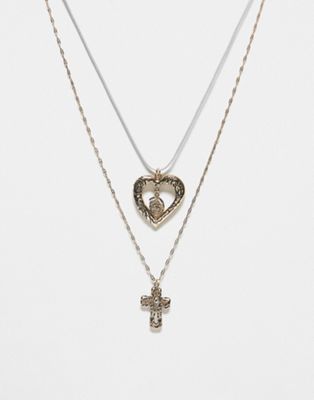 unisex 2 row with cross and heart-Gold