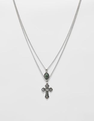 Reclaimed Vintage Unisex 2 Row With Heart Cross And Faux Gem Pendant-silver In Metallic