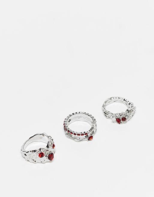 Reclaimed Vintage unisex 3-pack Halloween rings with red stones in silver