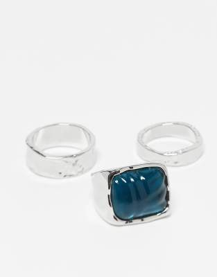 Reclaimed Vintage Unisex 3 Pack Molten Ring Pack With Faux Gem Stone In Brown