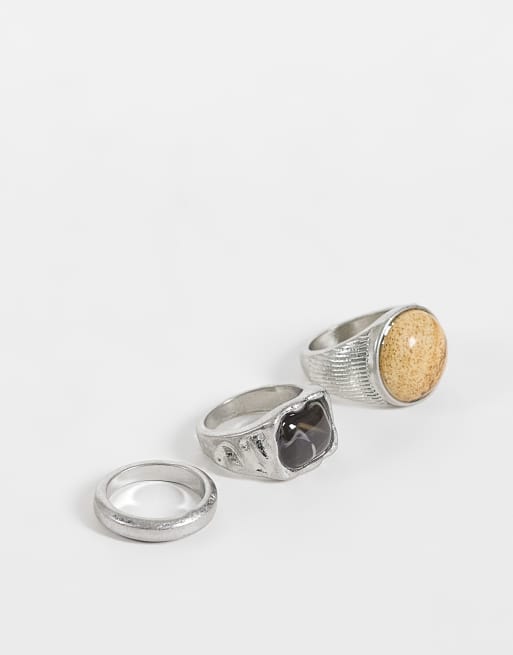 Reclaimed Vintage unisex 3-pack ringar i slitet silver med stenar i jordtoner