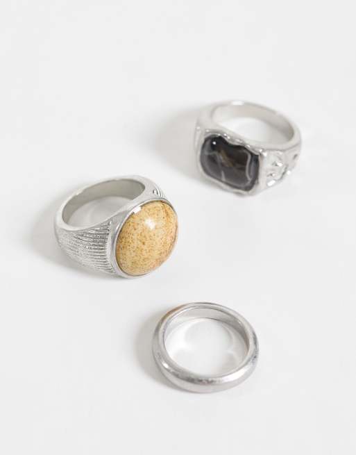 Reclaimed Vintage Unisex 3-pack rings in worn silver with earth tone stones, 3 of 3