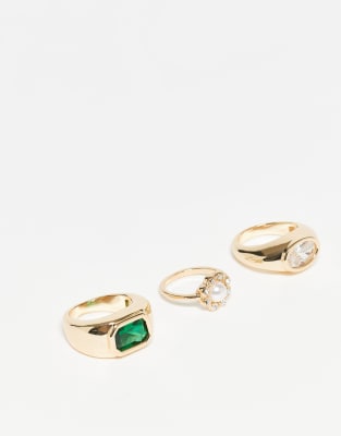 Reclaimed Vintage Unisex 3-pack Rings With Faux Green Stone In Gold