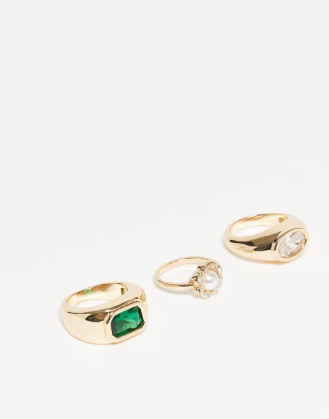 Reclaimed Vintage Unisex 3-pack rings with faux green stone in gold - view 1