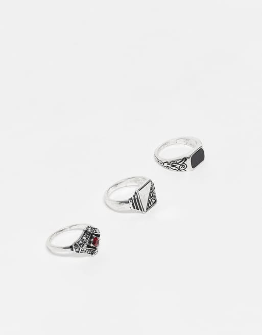 Reclaimed Vintage unisex 3-pack rings with faux stones in silver