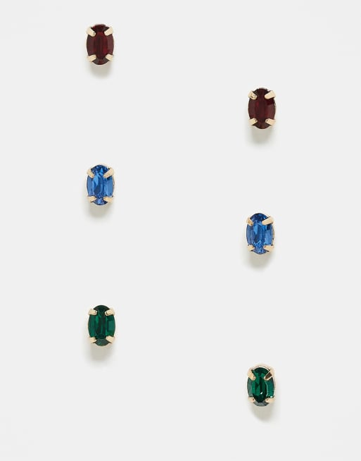 Reclaimed Vintage Unisex 3-pack studs in blue, red and green