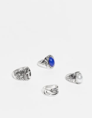 Reclaimed Vintage Reclaimed Vintage unisex 4 grunge ring pack with faux blue stone in burnished silver