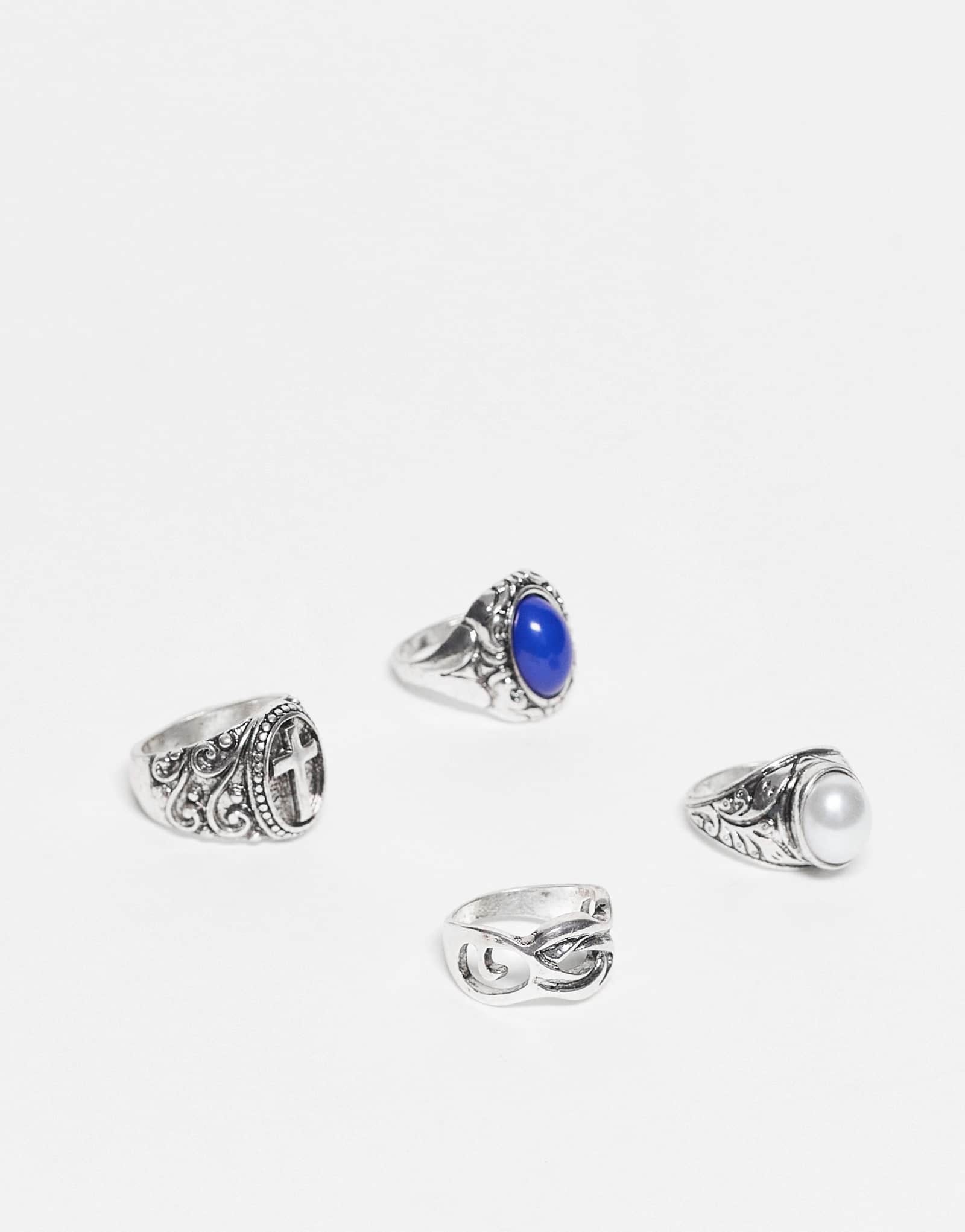 Восстановленный набор винтажных колец унисекс из 4 гранжевых колец с искусственным голубым камнем в полированном серебре
