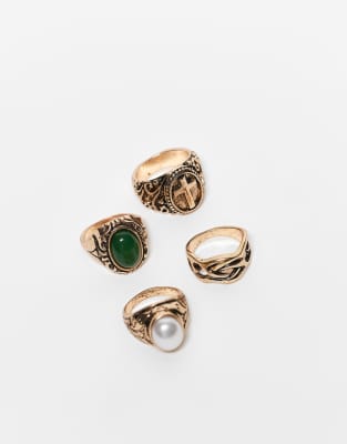 Reclaimed Vintage Unisex 4 Grunge Ring Pack With Faux Stones In Gold