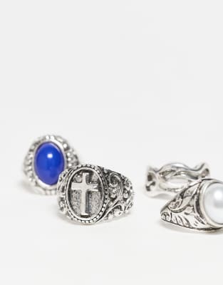 Reclaimed Vintage Unisex 4 Grunge Ring Pack With Faux Stones In Metallic