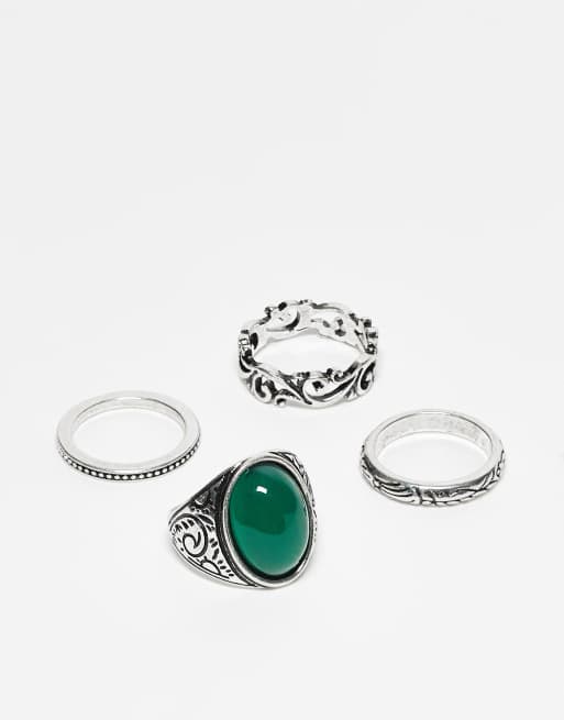 Reclaimed Vintage unisex 4 pack ring with gem stone in silver