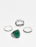 [Reclaimed Vintage] Reclaimed Vintage unisex 4 pack ring with green gem stone in silver XS/S Silver