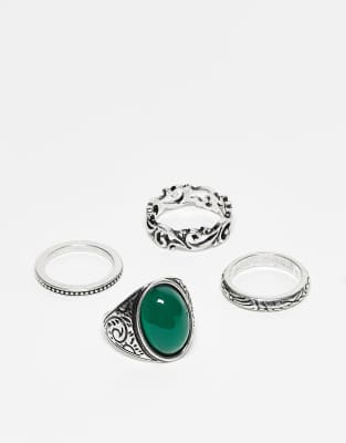 Reclaimed Vintage Reclaimed Vintage unisex 4 pack with green gem stone ring in silver