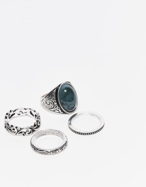 Reclaimed Vintage unisex 4 ring pack with faux emerald stone in silver - view 1