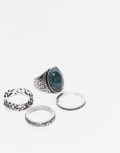 [Reclaimed Vintage] Reclaimed Vintage unisex 4 ring pack with faux emerald stone in silver XL/2XL Silver