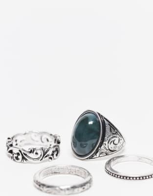 RECLAIMED VINTAGE UNISEX 4 RING PACK WITH FAUX EMERALD STONE 