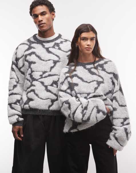 Reclaimed Vintage unisex abstract crew knitted fluffy jumper in grey - view 1