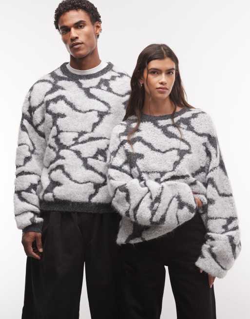 Reclaimed Vintage unisex abstract crew knitted fluffy sweater in gray, 1 of 4