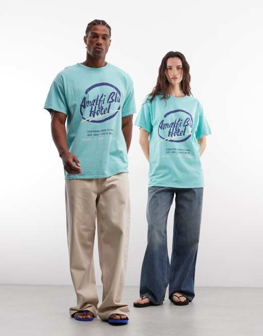 Reclaimed Vintage unisex amalfi slogan t-shirt in turquoise, 2 of 4
