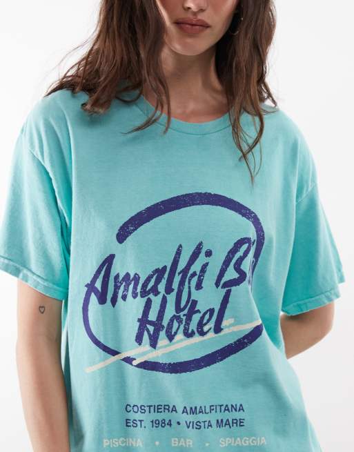 Reclaimed Vintage unisex amalfi slogan t-shirt in turquoise, 3 of 4